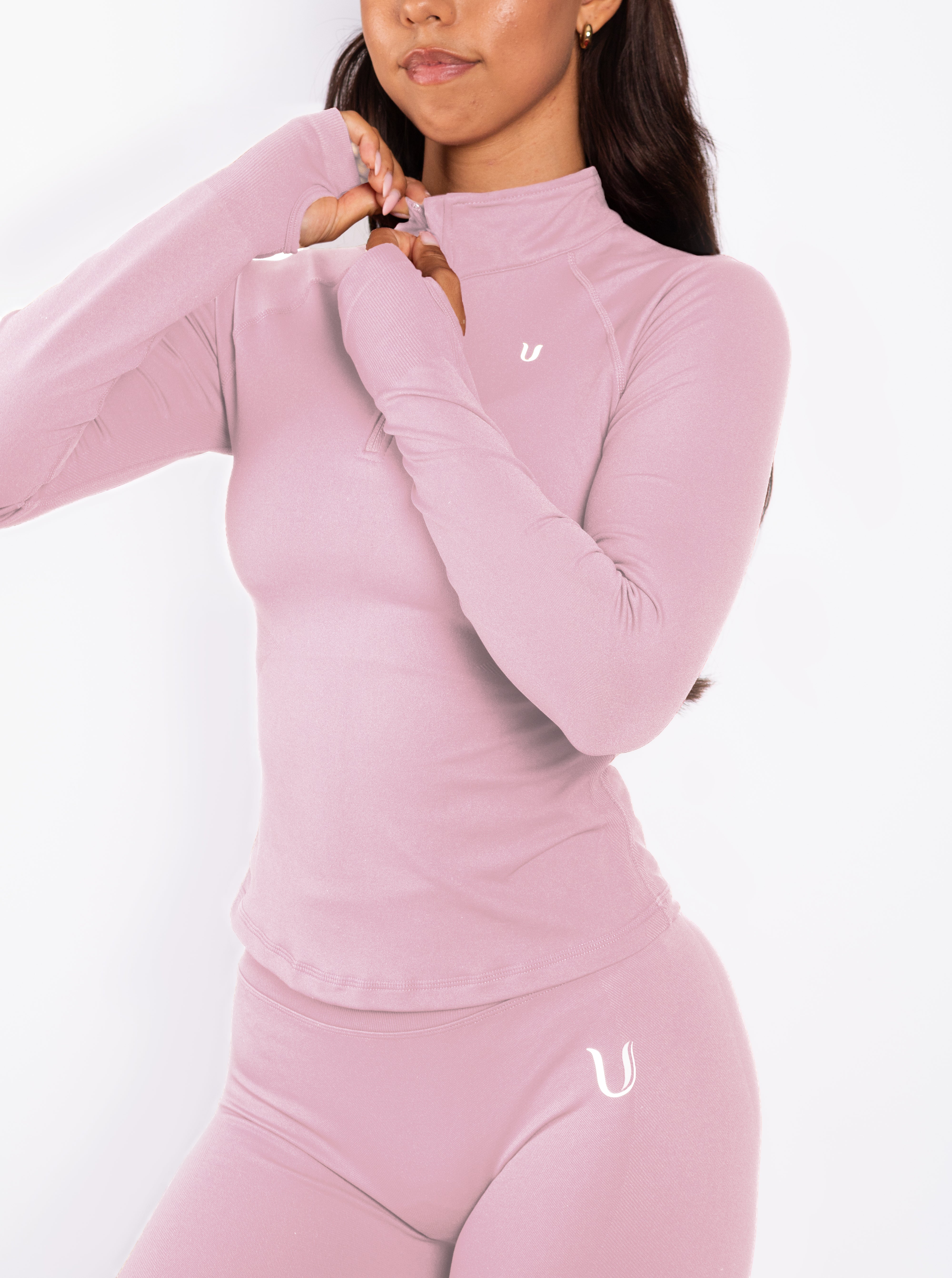 Beau Half Zip Lange Mouwen Top Roze - Dames activewear detail